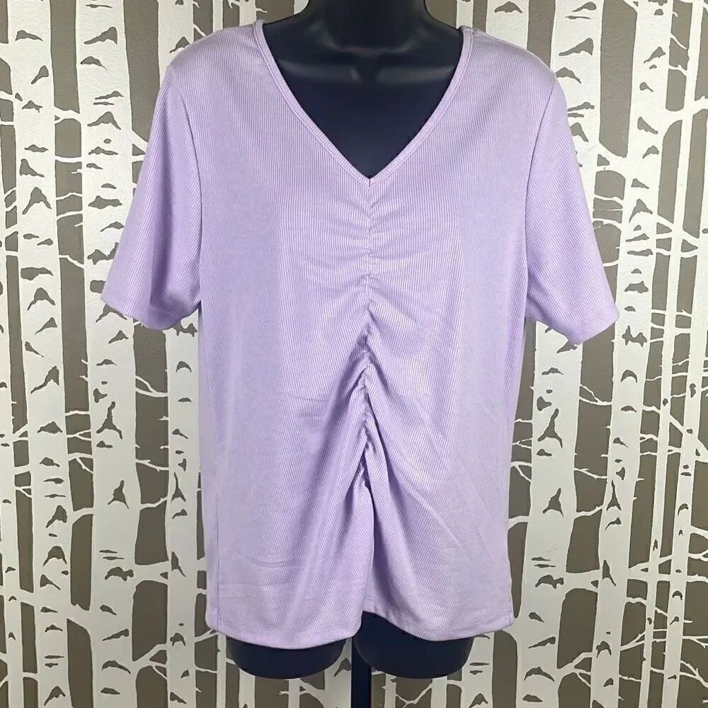 Ribbed Smocked Front V-Neck T-Shirt XL Light Purple